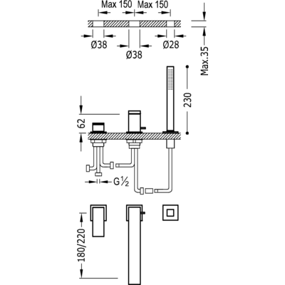 Змішувач на борт ванни Tres Cuadro 00616103BM