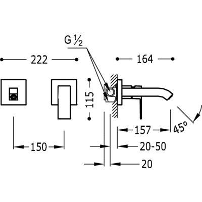 Настінний змішувач для раковини Tres Cuadro 00620010