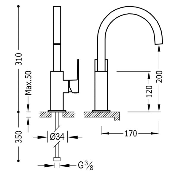 Одноважільний змішувач для умивальника вилив 22х22 мм 00660602AC