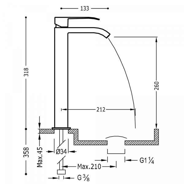 Одноважільний змішувач для умивальника з каскадним виливом 00681001NM