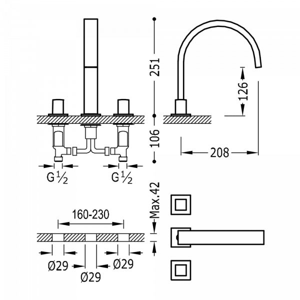Дворучний змішувач на борт ванни Tres Cuadro Exclusive 00810501OR