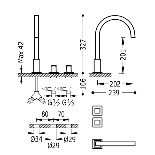 Дворучний змішувач на борт ванни Tres Cuadro Exclusive 00810503OR