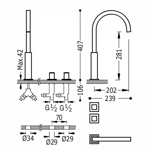 Дворучний змішувач на борт ванни Tres Cuadro Exclusive 00810504NM