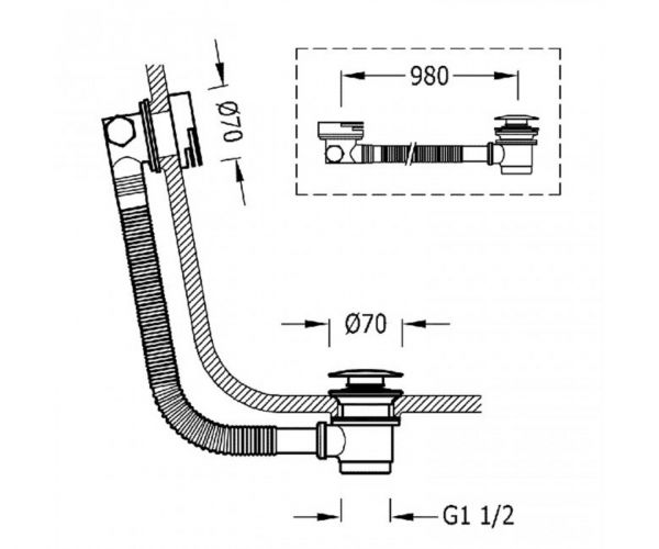 Злив-перелив з наповненням каскад для ванни Tres 98 см, d=70 мм, перелив круглий, сталь 03453430AC