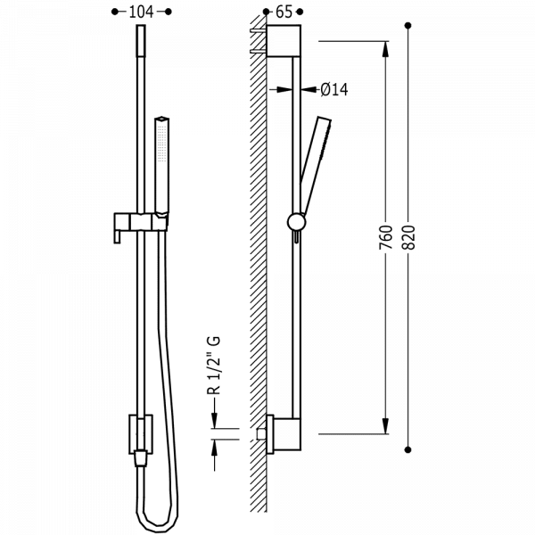 Ковзаюча штанга з настінним водозабором 14 мм. Довжиною 760 мм 03493101NM