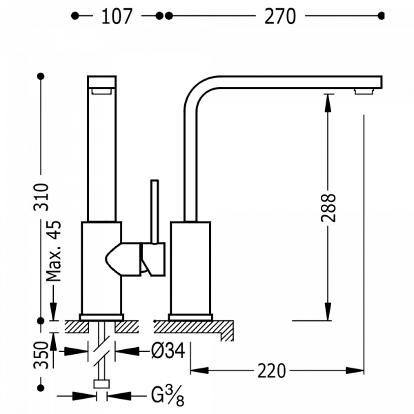 Одноважільний вертикальний змішувач для миття виливів 35х15 мм TOP TRES COLORS 062435AC
