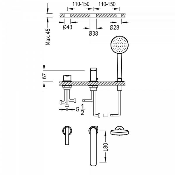 Одноважільний змішувач для борту ванни Знімний душ із гідромасажем 100 мм. (5 режимів) LEX-TRES 08116104