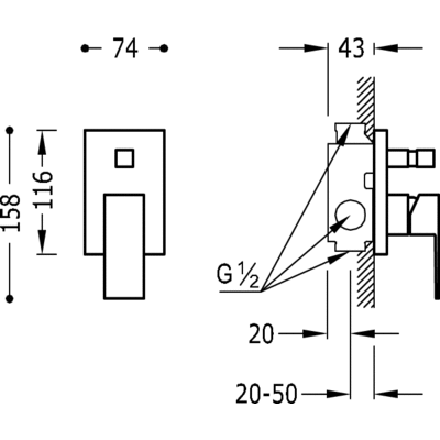 Вбудований змішувач для душу Tres Cuadro 106180