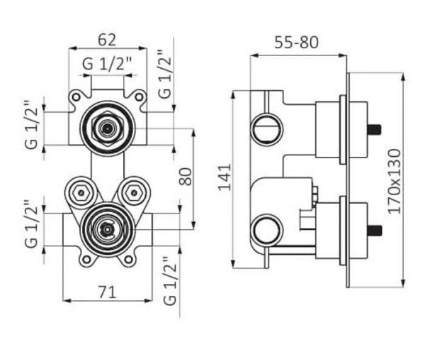 Змішувач для ванної GRB Kala двоважільний з термостатом 3 споживача хром 146800