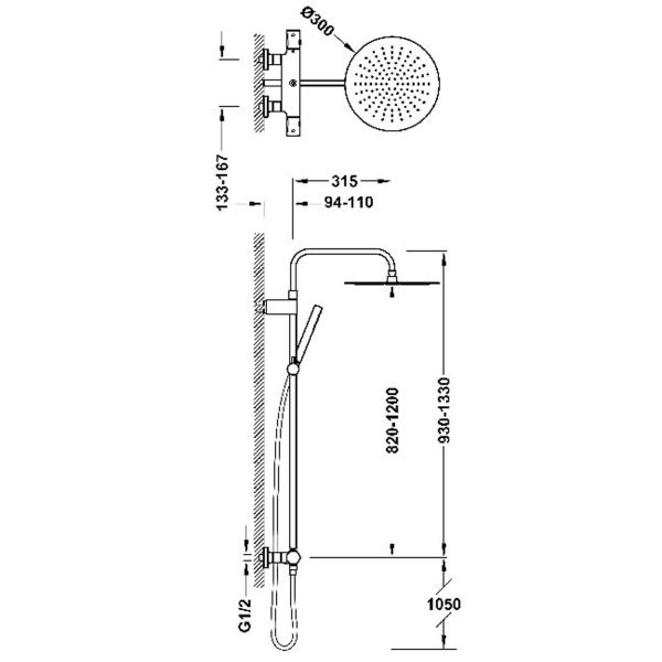 Комплект для душу OVER-WALL 2-ходовий настінний термостатичний колір нержавіюча сталь 19039302AC