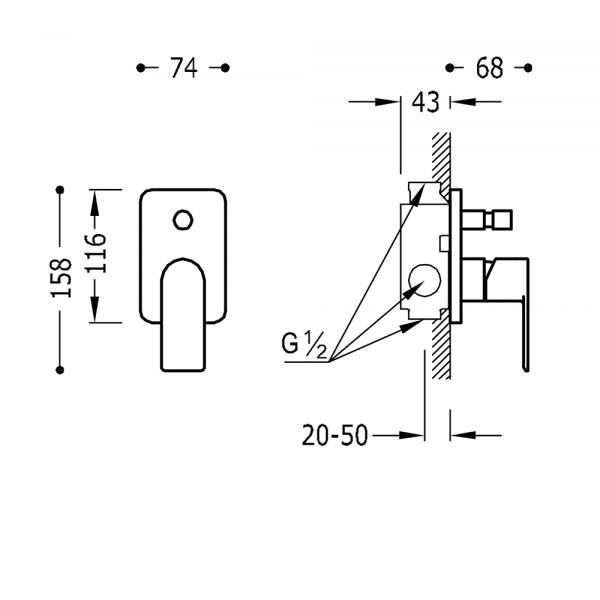 Одноважільний вбудований змішувач (2 канали) Tres 20018001BL