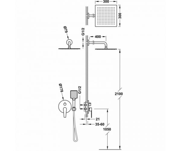 Душова система Tres Class-Tres з ручним душем, верхній душ 30х30 см, хром 20528040