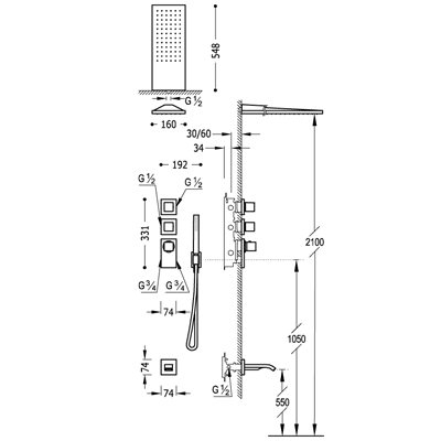 Душова система з термостатом BLOCK SYSTEM 20625301AC, колір сталь