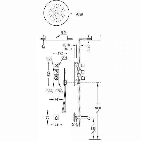 Вбудована термостатична система для ванни Block System із затвором та регулятором потоку (3 канали) 20635302AC