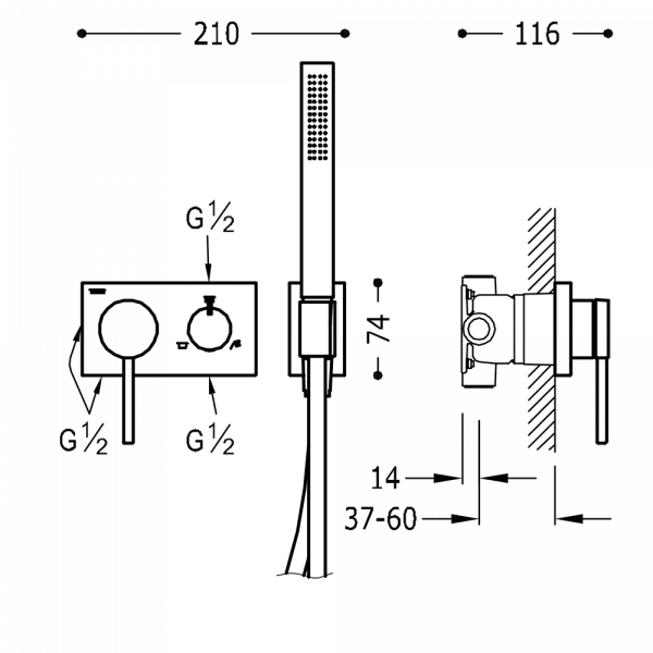 Вбудований змішувач з ручним душем Tres 3V вбудований корпус (3 канали) 21027391OR