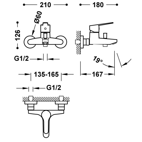 Настінний одноважільний змішувач TRES BASE PLUS для ванни та душа 21527010 хром