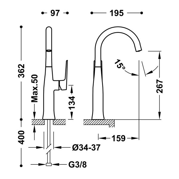 Змішувач для умивальника Tres LOFT High з одним бічним важелем 22264701
