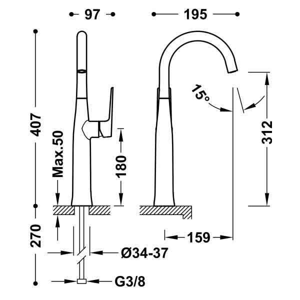 Змішувач для умивальника Tres LOFT XL з одним бічним важелем 22284701