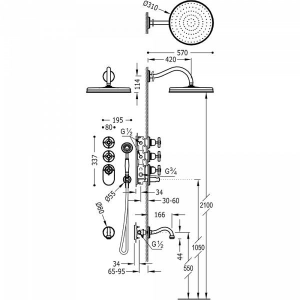 Душова система прихованого монтажу Tres Tres-Сlasic з термостатом верхнім та ручним душем 24235301AC