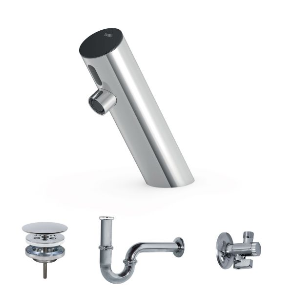 Комплект електронний кран для раковини з донним клапаном Tres Trestronic одноструменевий з інфрачервоним датчиком хром 39210391