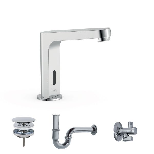 Комплект електронний кран для раковини з донним клапаном Tres Trestronic одноструменевий з інфрачервоним датчиком 39210397