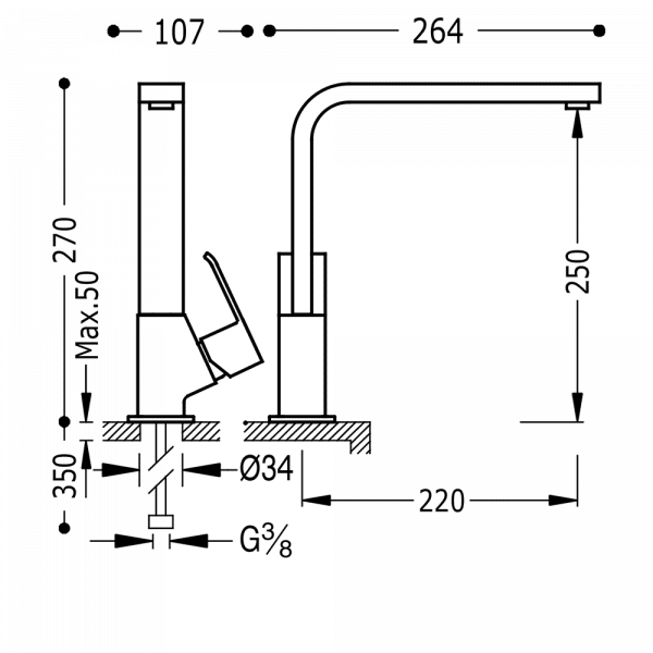 Одноважільний змішувач для кухні Kitchen Exclusive 50644003 обладнаний поворотним виливом і аератором.