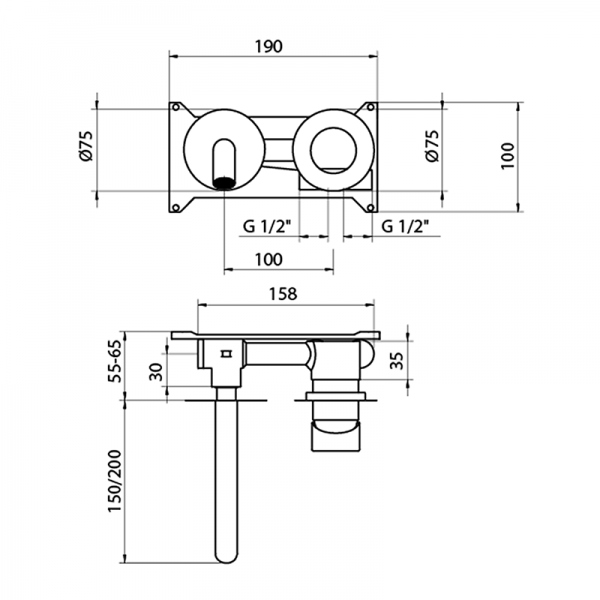 Змішувач для раковини GRB Aura настінний одновентильний з донним клапаном чорний 75537752