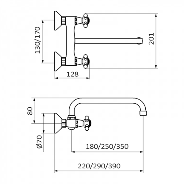 Змішувач для кухні GRB Cocinas 1866 двовентильний настінний зістарена латунь 80951809