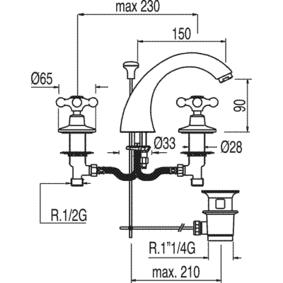 Двовентильний змішувач для раковини Tres Clasic 137106 на 3 отвори